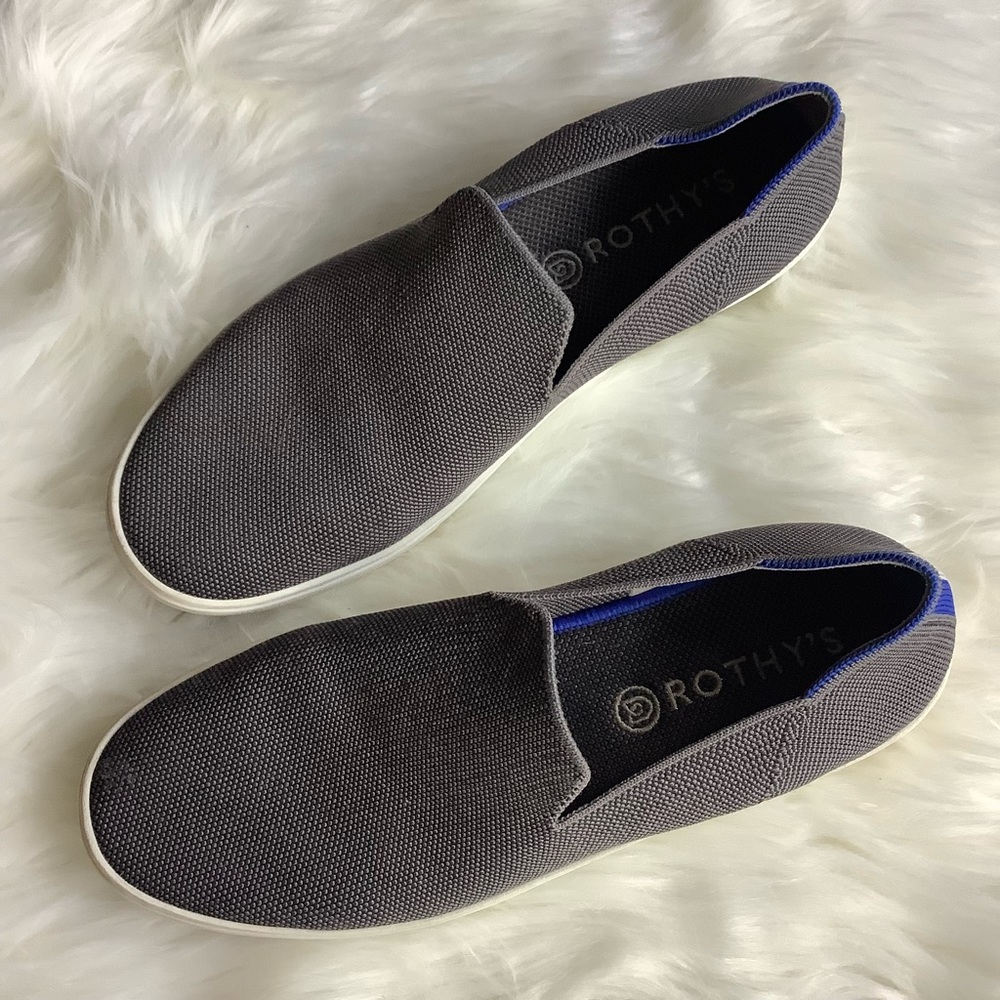 Rothy's Slip-On Flats in Charcoal Gray with Blue Trim